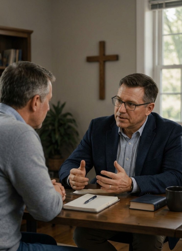 Ministry leader providing church and guidance counseling in a pastoral setting
