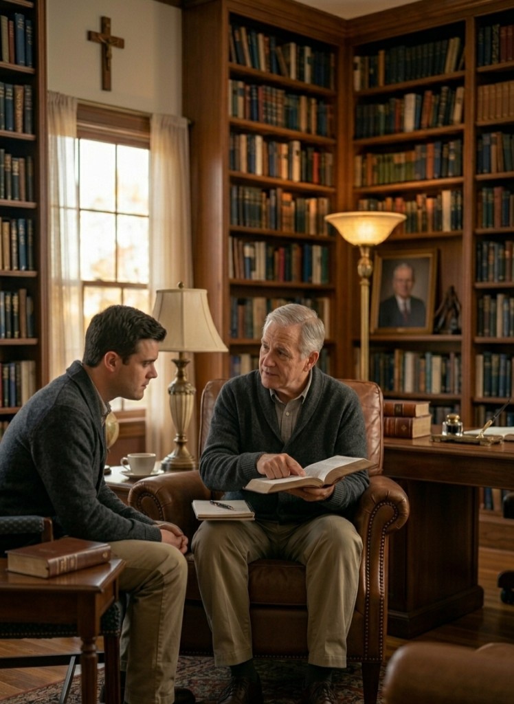 Biblical counseling session in a library with Scripture open