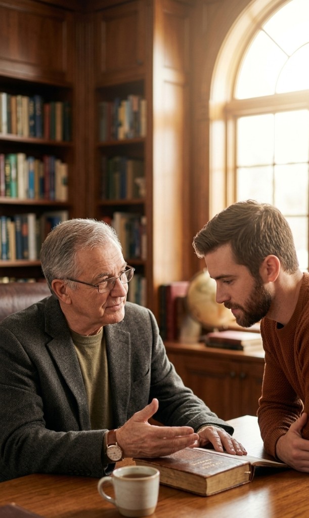 Older mentor and younger man studying Scripture together in a library