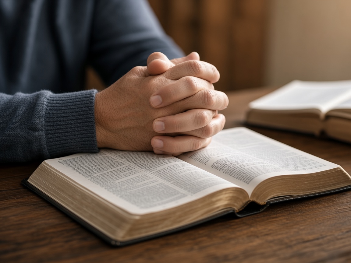 Hands clasped in prayer over an open Bible