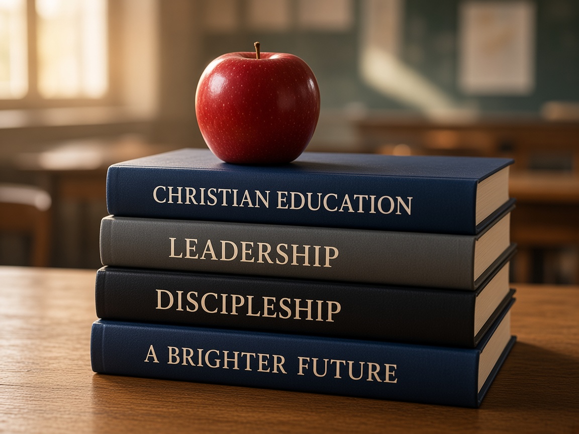 A stack of books with an apple on a desk