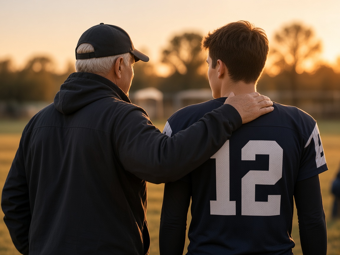 A mentor standing with a young athlete