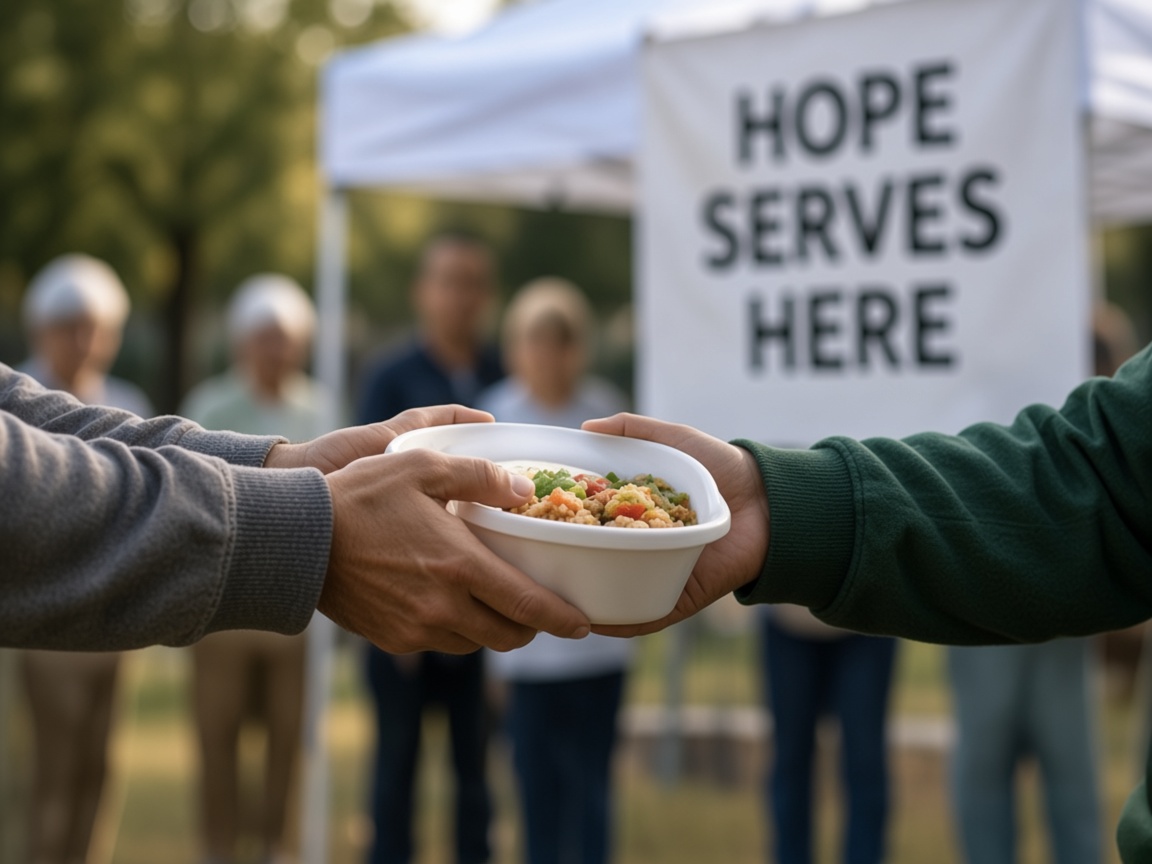 Hands sharing a meal during community outreach